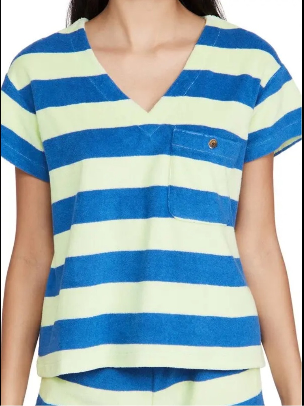 Madewell Mwl Retroterry‎ V-Neck Pocket Top Green Blue Stripe Terry Cloth XL